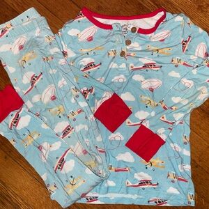 Sky-Blue bamboo long sleeve and pants Airplane and blimp Kids Pajamas pj set